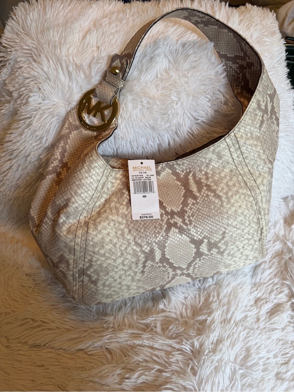 Michael Kors Fulton Large Slouchy Hobo Python Embossed Leather Dark Sand
